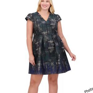 Vince Camuto Plus Size V Neck Cap Sleeve Green Jacquard Dress 16W Women